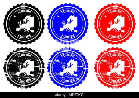 Europe - rubber stamp - vector, Europe continent map pattern - sticker - black, blue and red Stock Vector