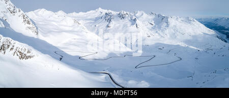 Aerial view of winding road through mountains, Kaunertal, Landeck, Tyrol, Austria