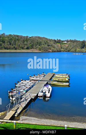 A pretty scene of hire boats at moorings against jetty at Llandegfedd reservoir,Pontypool,S.Wales. Perfect day of clear blue sky and calm blue water. Stock Photo