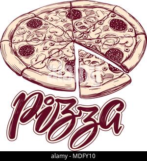 Italian pizza , Pizza design template, logo, hand drawn vector illustration realistic sketch Stock Vector