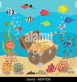 Undersea world with opened wooden chest with treasures. Marine life landscape - the ocean and the underwater world with different inhabitants. Stock Vector
