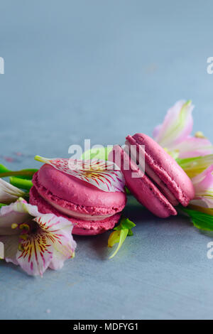 Pink macaroons decorated with pink and white alstroemeria flowers. Romantic French dessert on stone background with copy space. Stock Photo