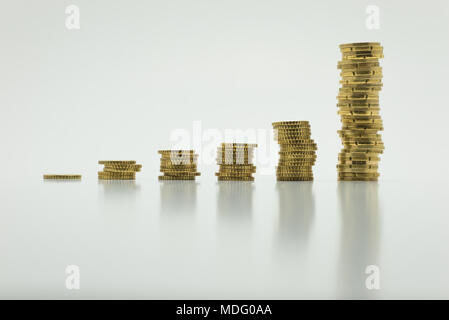 Stack of gold coins, six rows isolated on white background with ...