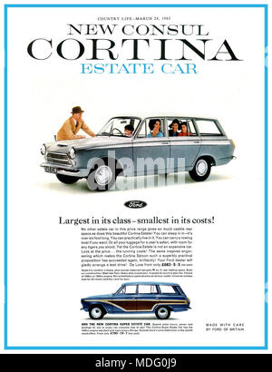 1960's New Consul Ford Cortina Estate Car Press Advertisement Country Life Magazine 1963 The Ford Cortina was a car that was built by Ford of Britain in various guises from 1962 to 1982, and was the United Kingdom's best-selling car of the 1970s. Stock Photo