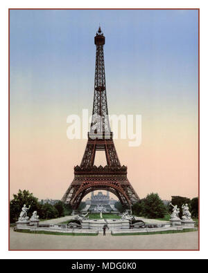 Old Eiffel Tower 1900's Vintage Historic photochrom colour image of Eiffel Tower viewed toward Trocadero 'Exposition Universal 1900's Paris France' Stock Photo