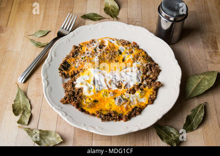 turkish fried egg with minced meat for breakfast Stock Photo