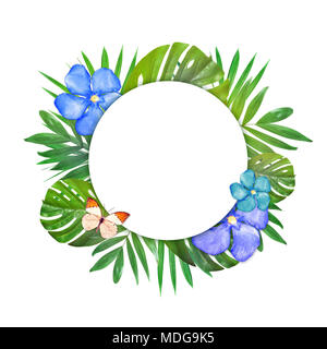 Creative layout of foliage on a white background with space for text. Frame of leaves and flowers. Floral background. Top view. Stock Photo