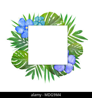 Creative layout of foliage on a white background with space for text. Frame of leaves and flowers. Floral background. Top view. Stock Photo