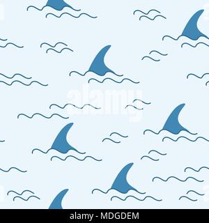 shark fin dolphin whale ocean wave vector seamless pattern wallpaper background Stock Vector