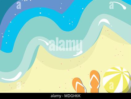 Top view of beach with sea surf, ball and flip flop in colorful color. Vector illustration background design for Summer. Stock Vector