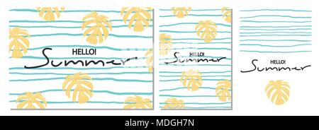 Set of background design for Summer and vector illustration of monstera, blue stripe and hand lettering for create your own poster. Stock Vector