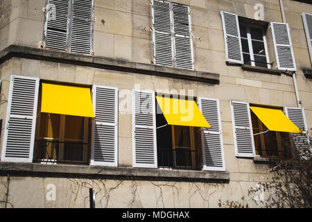 Three yellow window shutters on an apartment in Paris France Stock Photo