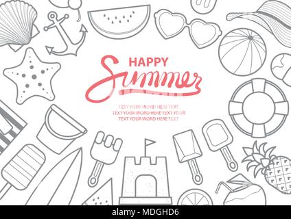 Background design vector illustration for Summer with space for text. Beach stuff in gray outline surround pink text at the middle of picture. Stock Vector