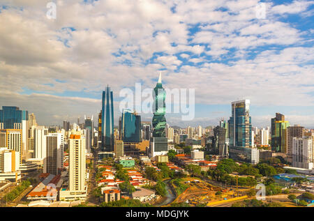 The skyline of Panama city at sunrise with its skyscrapers and modern architecture, Panama, Central America. Stock Photo