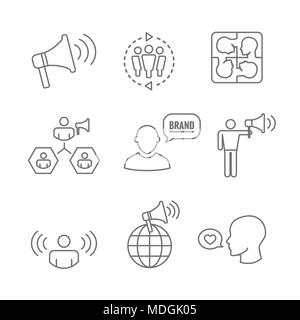 Spokesperson icon set w bullhorn, coordination, pr, public relations person set Stock Vector