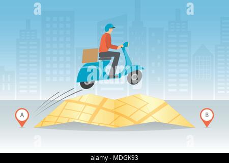 Express delivery concept. Delivery man ride scooter motorcycle jumping over the map with city background. Fast and free worldwide shipping. Stock Vector
