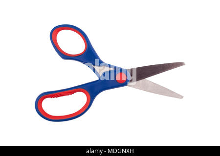 top view of a pair of blue and red colored plastic open scissors isolated on white background Stock Photo