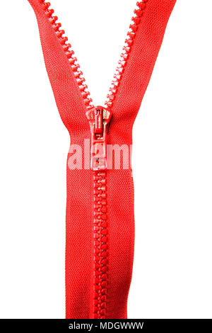 Red zipper with a runner on a white background. Close-up. Stock Photo