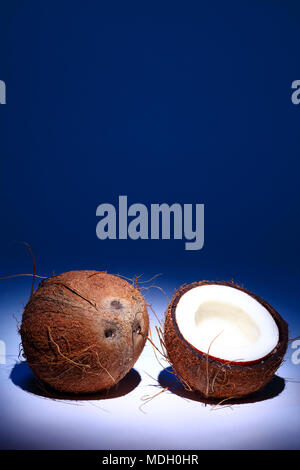 Ripe tropical coconut fruit split in half isolated on a blue background Stock Photo