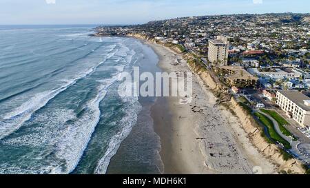 Aerial view of coastline and ocean, captured with a drone, in San Diego, California, USA Stock Photo