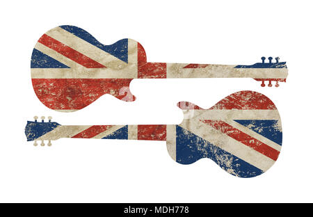 Two guitars shaped old grunge vintage dirty faded shabby distressed UK Great Britain national flag isolated on white background Stock Photo