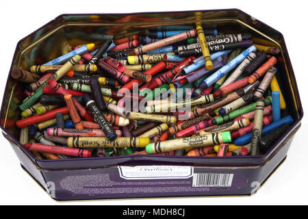 Collection of Wax Crayons in Tin Stock Photo