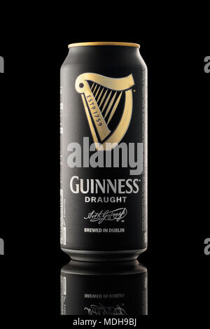 CHELYABINSK, RUSSIA - April 11,2018 Aluminum can of Guinness draught beer advertising shot on black background Stock Photo