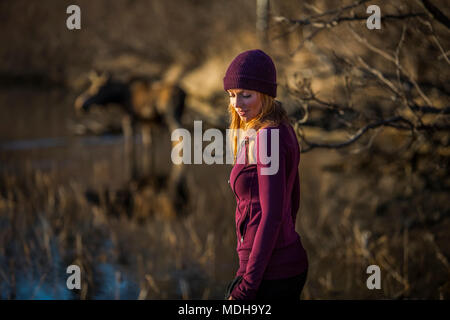 A young woman stands in the foreground with a cow moose (alces alces) in the pond in the background; Anchorage, Alaska, United States of America Stock Photo