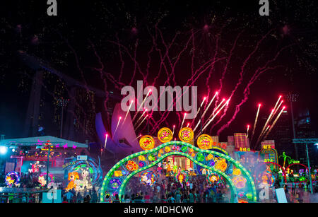 Fireworks during the lanterns at River Hongbao celebration in Singapore Stock Photo