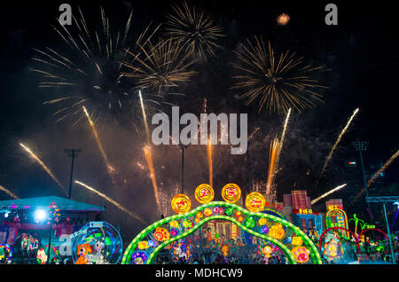 Fireworks during the lanterns at River Hongbao celebration in Singapore Stock Photo