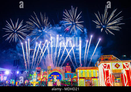 Fireworks during the lanterns at River Hongbao celebration in Singapore Stock Photo