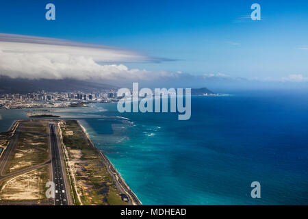 Aerial view of Waikiki from Honolulu airport with Diamond head in the distance; Honolulu, Oahu, Hawaii, United States of America Stock Photo