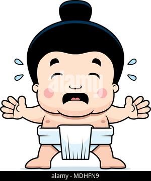 A cartoon illustration of a little sumo boy crying. Stock Vector