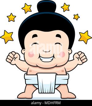 A cartoon illustration of a little sumo boy celebrating. Stock Vector
