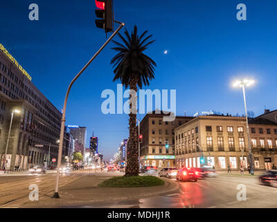 The Palm, Plac de Gaulle'a (de Gaulle Roundabout) and Aleje Jerozolimskie (Jerusalem Avenue) at night, Warsaw, Polsnd Stock Photo