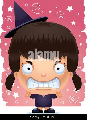 A cartoon illustration of a girl witch looking angry. Stock Vector