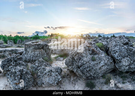 Beautiful landscape of abstract stones on a hill at sunset. Stock Photo