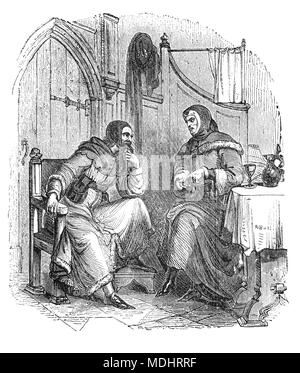 Two of the characters from The Canterbury Tales, a collection of 24 stories written  by Geoffrey Chaucer between 1387 and 1400 when he became Controller of Customs and Justice of Peace.  The tales (mostly written in verse, although some are in prose) are presented as part of a story-telling contest by a group of pilgrims as they travel together on a journey from London to Canterbury to visit the shrine of Saint Thomas Becket at Canterbury Cathedral. The illustration shows the Sargeant-at-Law and the Doctor of Medicine. Stock Photo