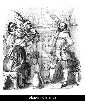 Two of the characters from The Canterbury Tales, a collection of 24 stories written  by Geoffrey Chaucer between 1387 and 1400 when he became Controller of Customs and Justice of Peace.  The tales (mostly written in verse, although some are in prose) are presented as part of a story-telling contest by a group of pilgrims as they travel together on a journey from London to Canterbury to visit the shrine of Saint Thomas Becket at Canterbury Cathedral. The illustration shows the Carpenter, Haberdasher, Weaver Dyer and Tapestry Maker. Stock Photo