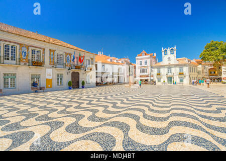 Cascais, Portugal - August 6, 2017: side view of Cascais Town Hall with azulejos and King Peter I Statues, Outubro Square, historic Cascais center, the most popular holiday destination on Lisbon coast Stock Photo