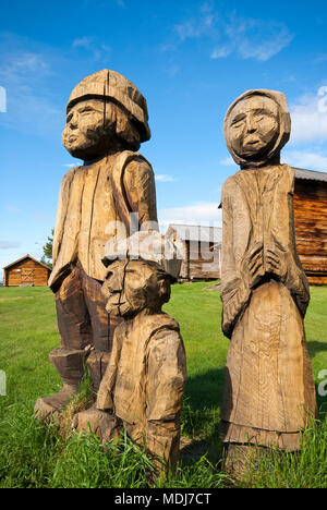 Wooden sculptures in Homestead Open-Air Museum, Jukkasjarvi, Norrbotten County, Sweden Stock Photo