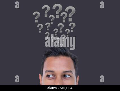 Man with grey question marks emerging from head Stock Photo
