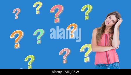 Woman thinking with colorful funky question marks Stock Photo
