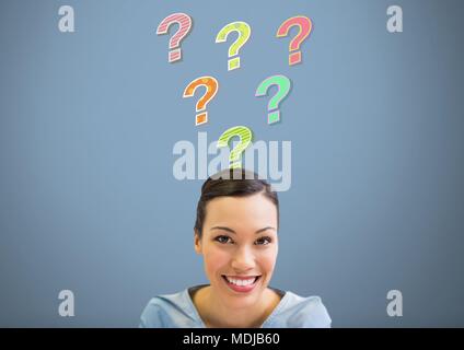 Woman with colorful funky question marks emerging from head Stock Photo