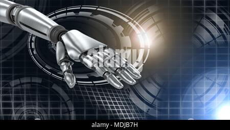 Robotic android hand and Glowing circle technology interface Stock Photo