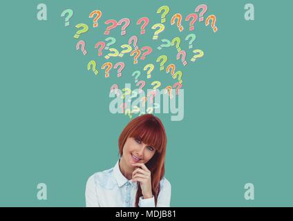 Woman thinking with colorful funky question marks Stock Photo