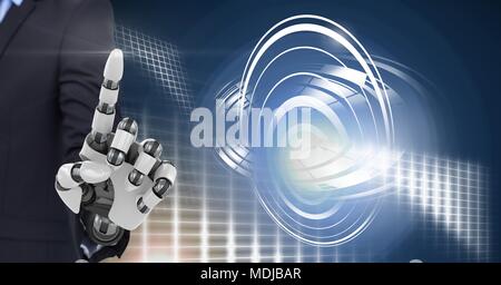 Robotic android hand and Glowing circle technology interface Stock Photo