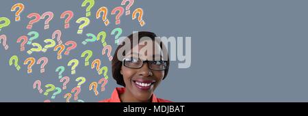 Woman with colorful funky question marks emerging from head Stock Photo
