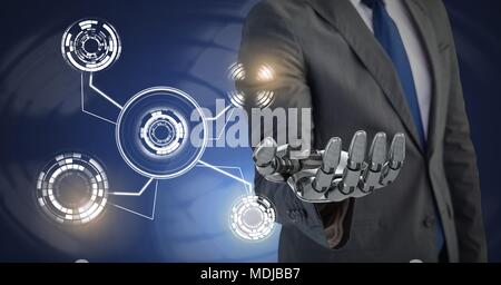 Robotic android hand and Glowing circle technology interface Stock Photo