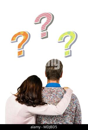 Couple thinking with colorful funky question marks Stock Photo